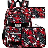 HPJGD 3PCS Backpacks for Boys, 17" Water Resistant Kids Bookbag with Lunch Box, Cute School Bag Set for College Teenagers High Middle Elementary - Graffiti Red