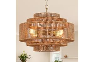 Tunkayli Hand-Woven Rattan Chandelier Dining Room Boho Chandelier 20in Bamboo Farmhouse Chandeliers 4-Light Vintage Light Fixtures Golden Chandeliers for Kitchen Island, Living Room, Bedroom