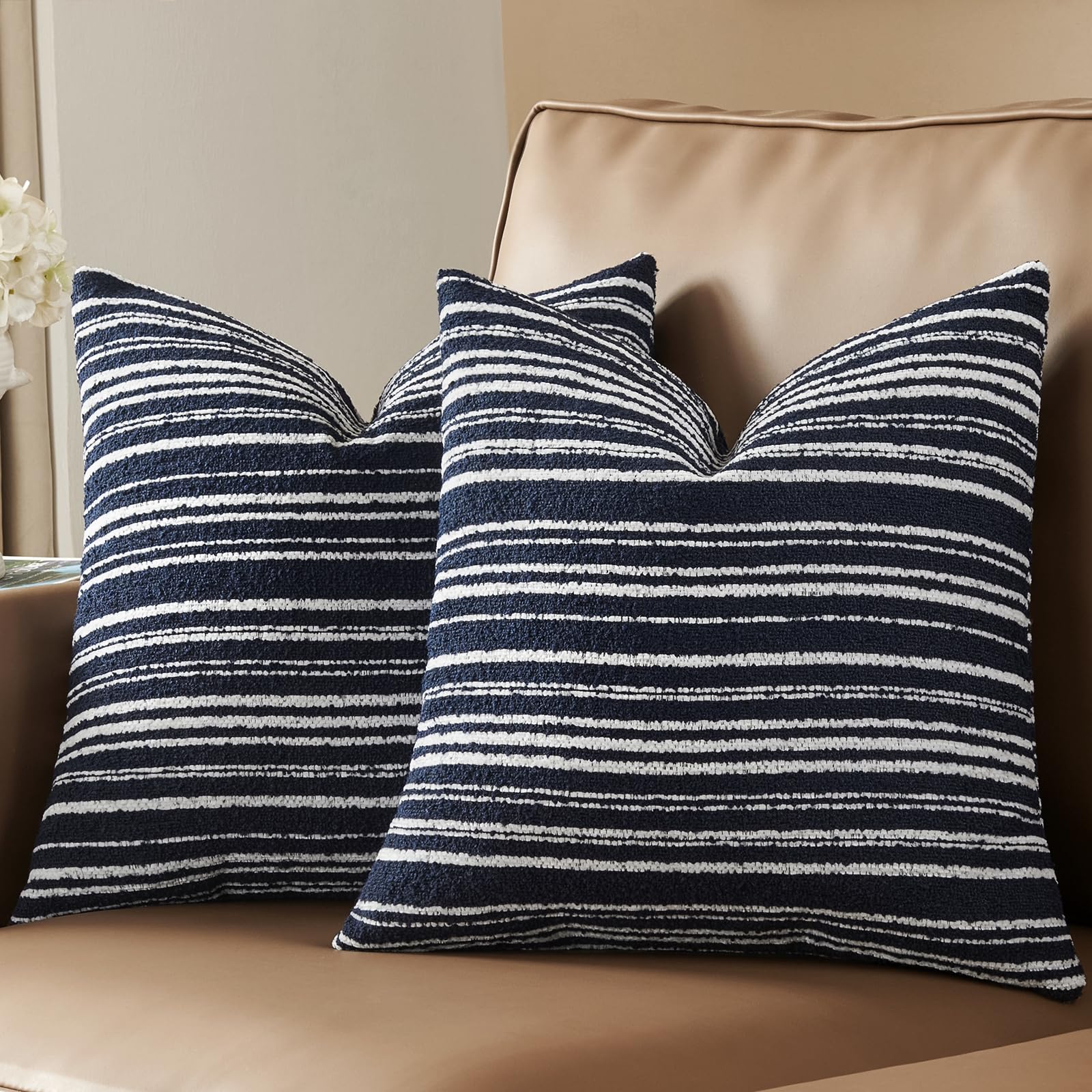Photo 1 of AmHoo Pack of 2 Textured Boucle Throw Pillow Covers Accent Striped Cozy Soft Decorative Couch Cushion Case for Chair Sofa Bedroom Living Room Home Decor 20 x 20-Inch Navy Blue