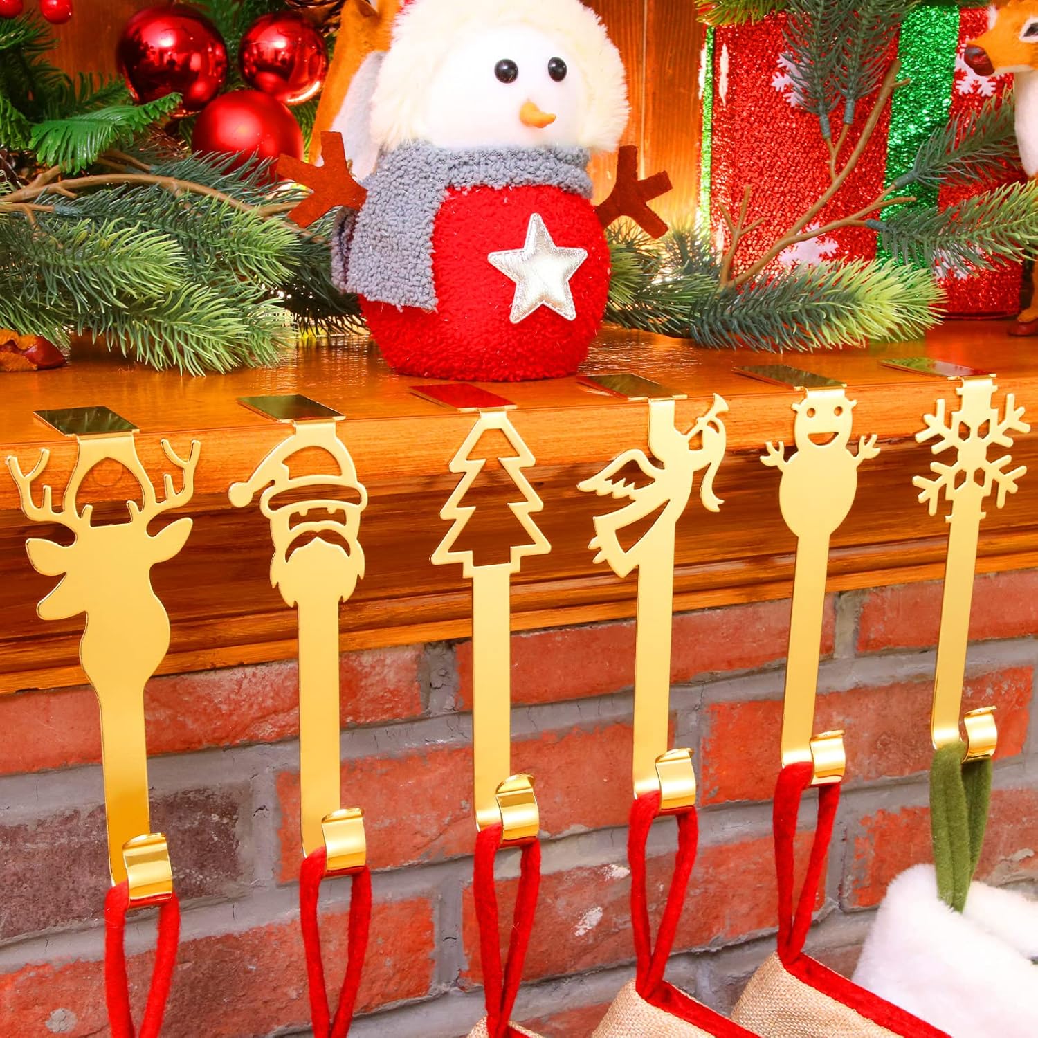 Ornament Hooks - Ripeng 6 Pieces Christmas Stocking Hanger for Mantel Fireplace Hangers Clips Xmas Decorations 6 Styles Stocking Hanging Holders for Mantel Christmas Home (Gold)