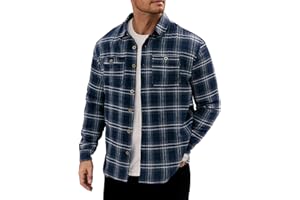 VOGSTART Men Fleece-Lined Button Shirt Flannel Plaid Warm Winter Casual Jacket with Flap Pockets (S-3XL)