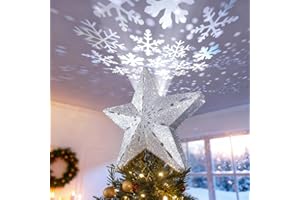 DG-Direct Christmas Tree Topper Lighted Star [Silver],3D Hollow Sparkling Star Christmas Tree Topper with Rotating Magic Cool White Snowflake Projector for Christmas Tree Ornament (Silver)
