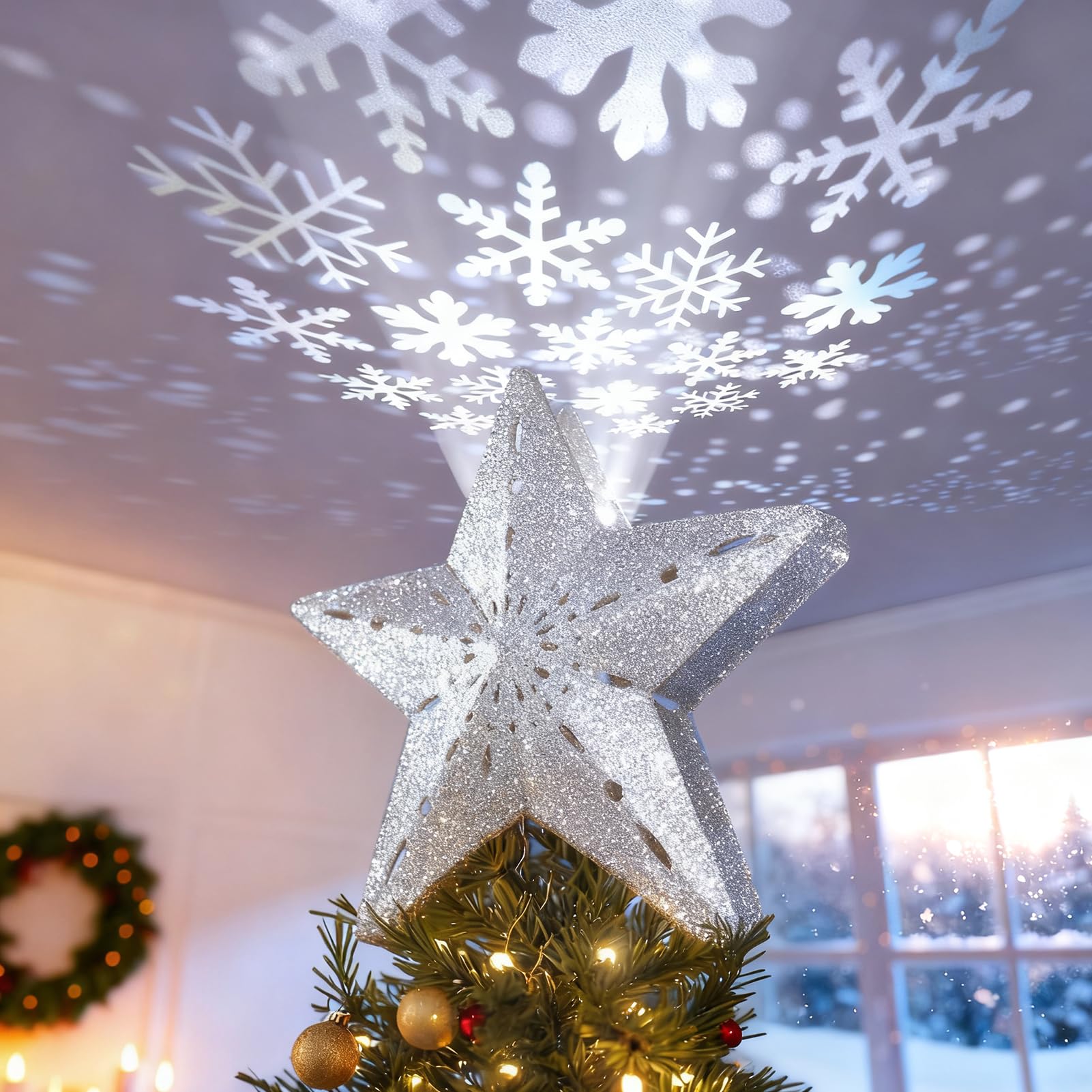 Christmas Tree Topper Lighted Star [Silver],3D Hollow Sparkling Star Christmas Tree Topper with Rotating Magic Cool White Snowflake Projector for Christmas Tree Ornament (Silver)