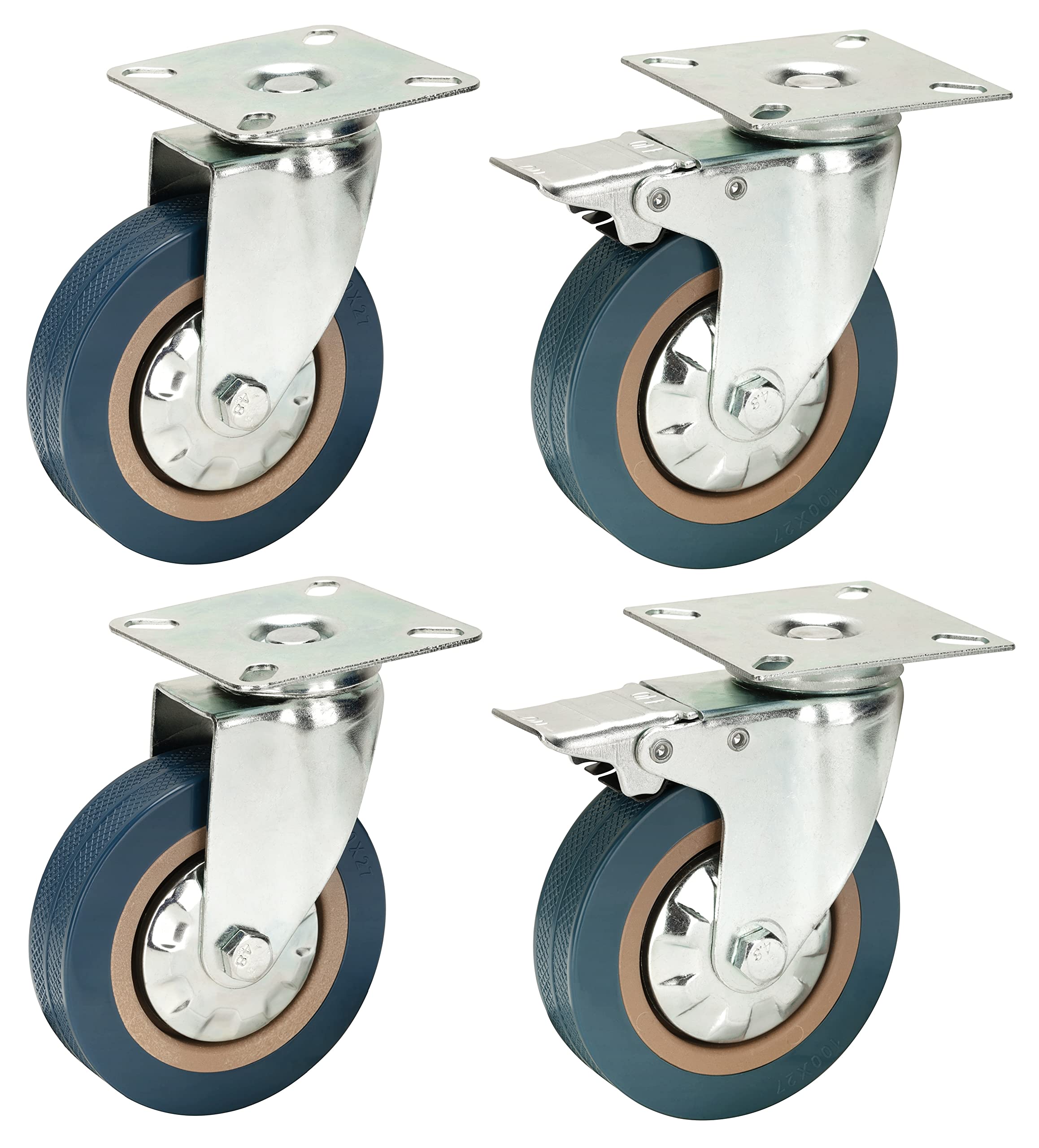 100mm Non Marking Grey Hard Rubber Castors with Brakes - Top Plate Fixing - Heavy Duty Casters Wheels by Bulldog Castors - Max 300Kg Per Set