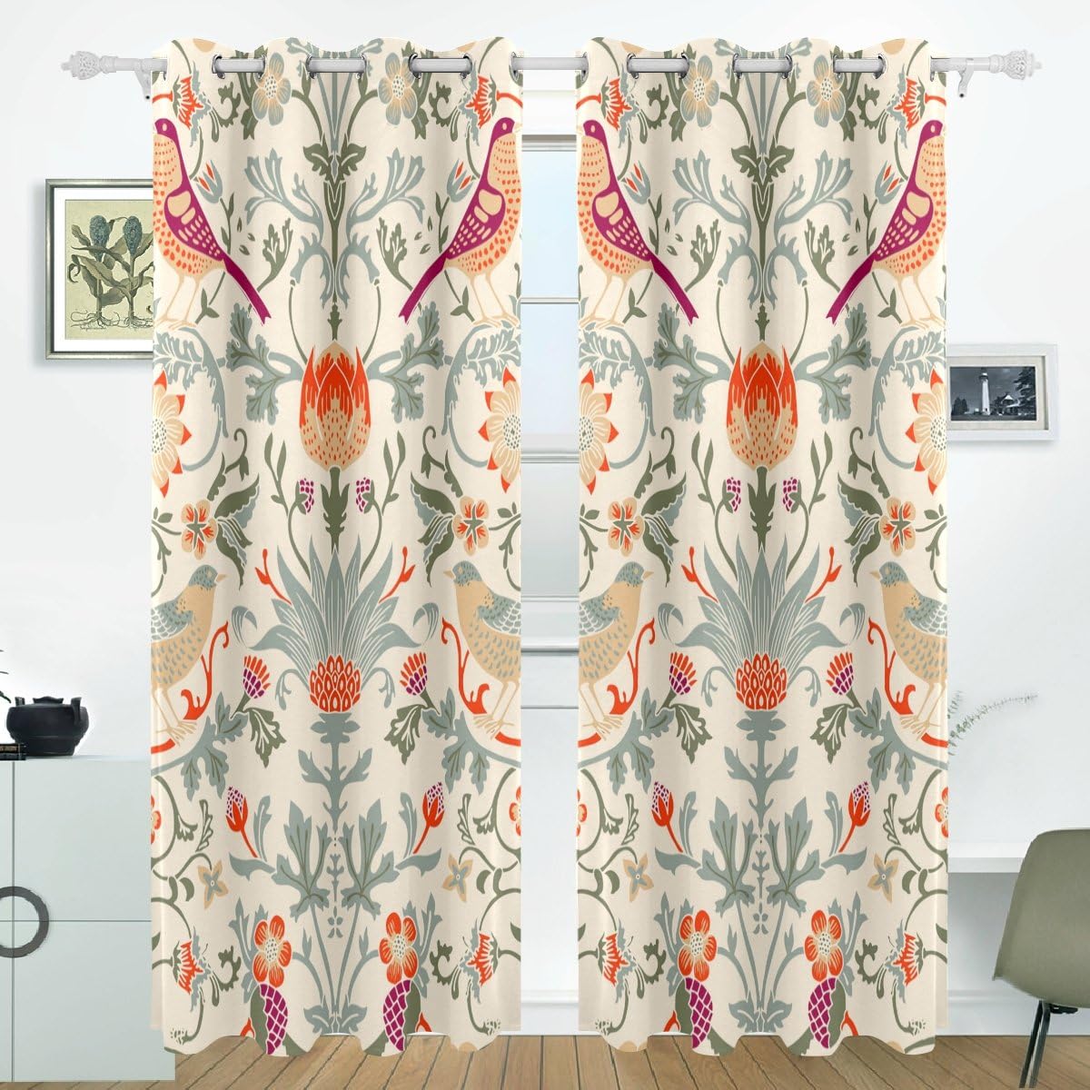 JSTELBlackout Curtains Printed William Morris Flower Thermal Insulated Window Treatment Eyelet Curtains 84 inches Length for Home 2 Panels Sets