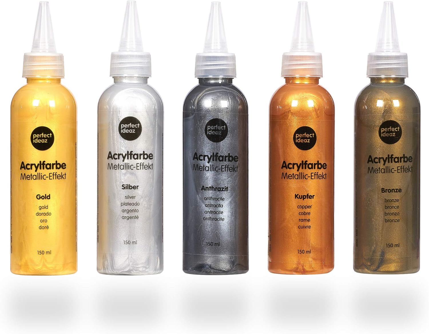 perfect ideaz 5 tubes of metallic acrylic paints, each 150 ml (750 ml), 5 creative paint colours, high pigment content