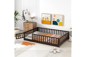 A ALFRESCOOL Full Size Montessori Floor Bed with Safety Fence & Convertible Door, Pine Wood Toddler Floor Bed Frame with Support Slats and Full-Length Guardrails for Kids Girls Boys (Espresso)
