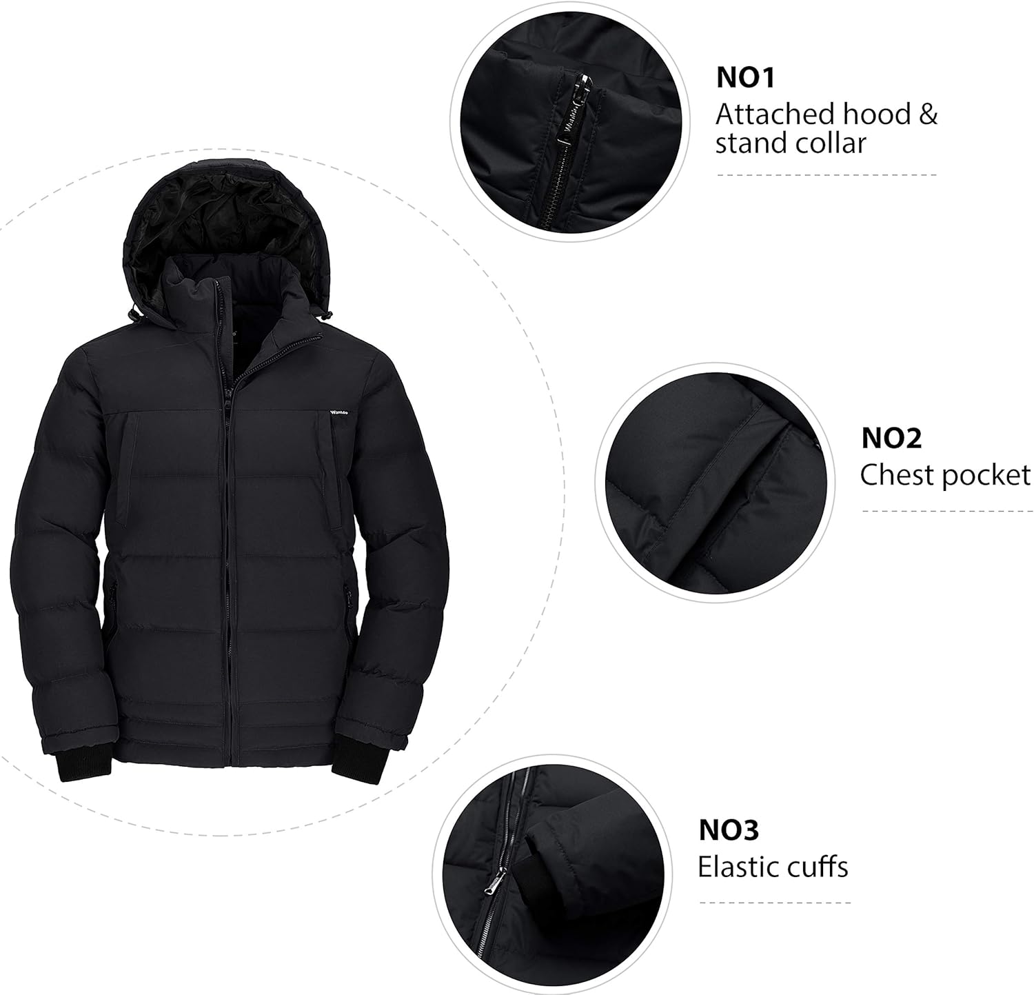 Wantdo Men's Thicken Puffer Jacket Insulated Water-Resistant Warm Winter Coat with Hood: Clothing