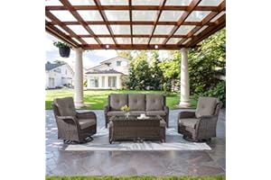 Belord Wicker Outdoor Furniture Patio Furniture Set - 6 Piece Patio Conversation Set with Swivel Rocker Chairs, Rattan Sofa, Ottomans and Coffee Table, Gray Cushion