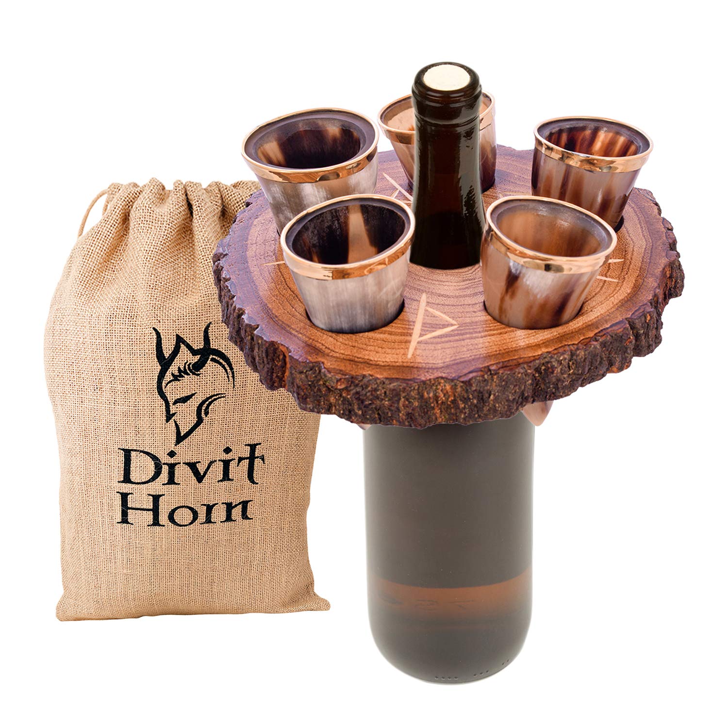 Divit Genuine Viking Drinking Horn with Wooden Display | Authentic Medieval Beer Drinking Horn | Brass Adornments & Burlap Gift Sack Included | 1.2 oz (35 ml) Capacity.