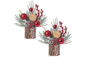 Biubumtu 2 Pack Small Christmas Trees, 13.8'' Tall Tabletop Mini Christmas Tree Decorations with Ornaments Pine Cone Berry for Christmas Home Room Indoor Decor