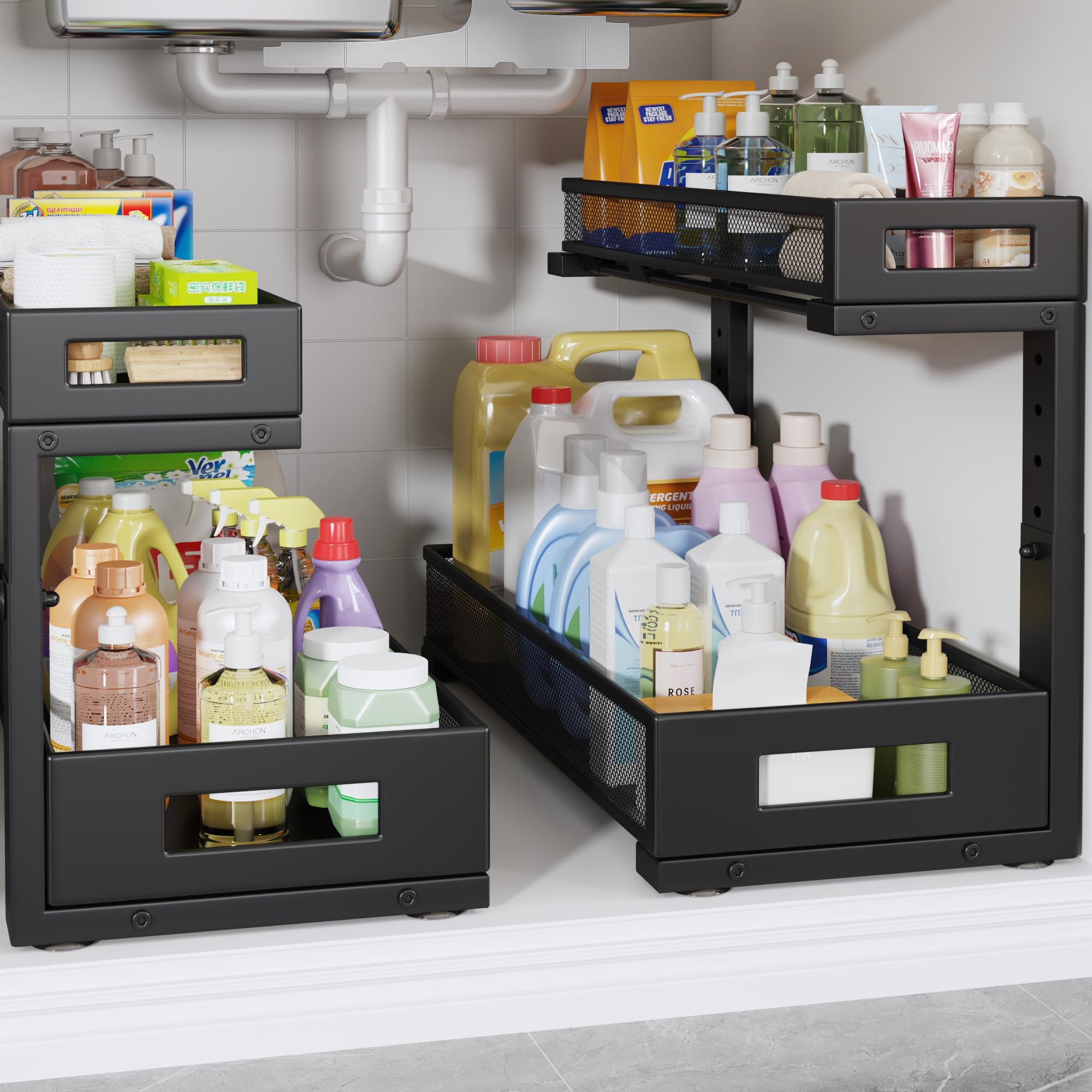 Photo 1 of 2 Pack 19IN Depth Under Sink Storage Organizer, Large 2-Tier Elegant Mesh Pull Out Shelf for Kitchen and Bathroom Cabinet Organization, L-Shaped and Adjustable Height Design-Black