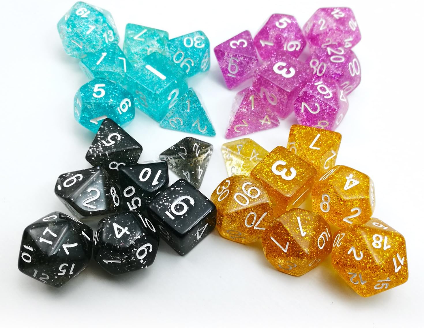 28pcs Assorted Colored Glitter Polyhedral Dice 7pcs Set of 4, Glitter