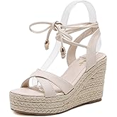 MAKEGSI Womens Jute-Rope Middle Wedge Heel Summer Shoes Flip Sandals Lace Up (8, Creamy-White)