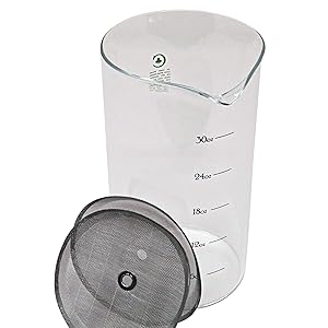 French Press Replacement Glass Carafe; fits Bodum, Café Crush Club Bonus SS Filters, Fire Hardened Borosilicate Beaker 34 Ounce|1 Liter (Black Measures)