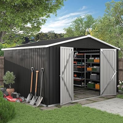 UDPATIO 10x10 ft Outdoor Storage Shed Galvanized Steel Lockable Door Dark Grey