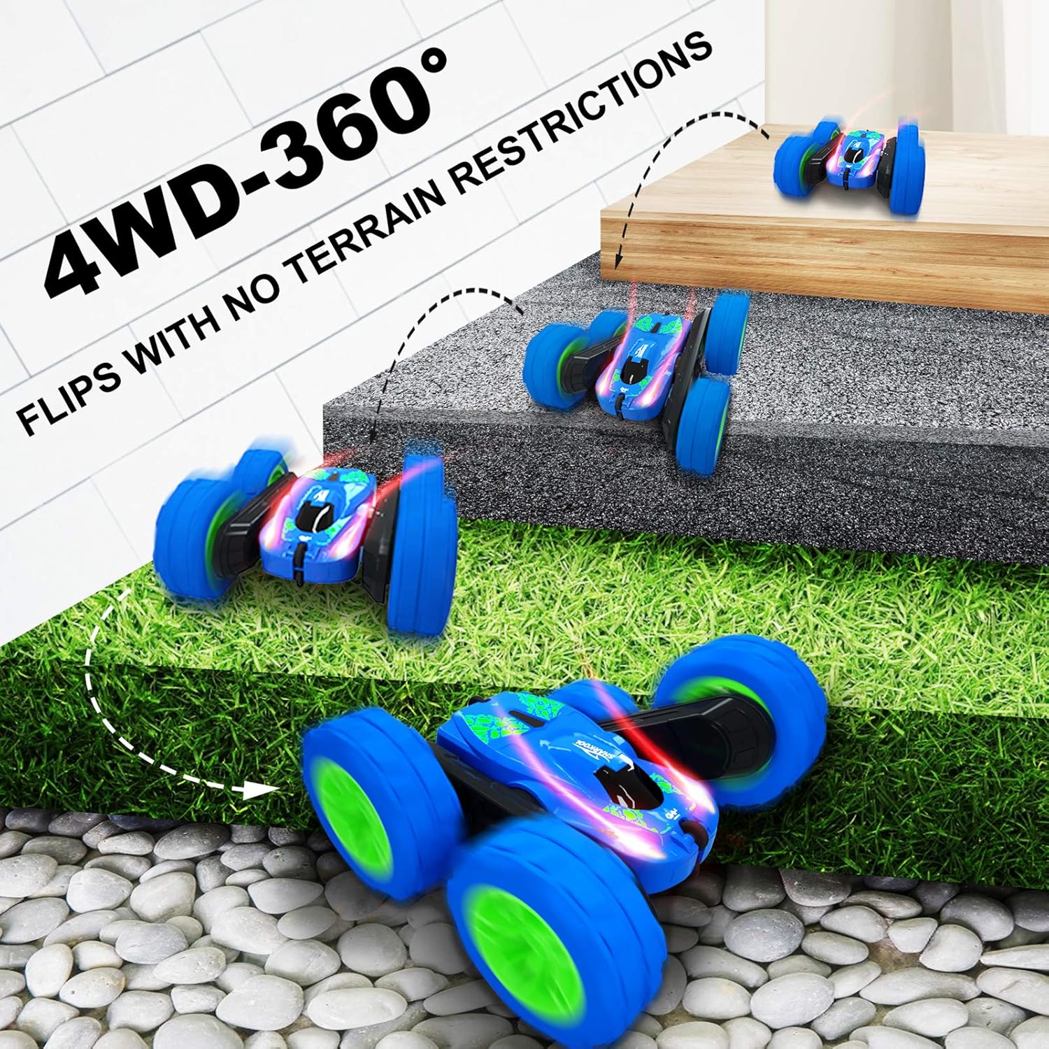 RC Stunt Car for Kids, SHARKOOL 360°Flips Double Sided Rotating 4WD 2.4Ghz Remote Control Car with Sharp Dual-Color Headlights -Best Gift for Over 6 Years Old Kids(All Batteries Included): Toys & Games