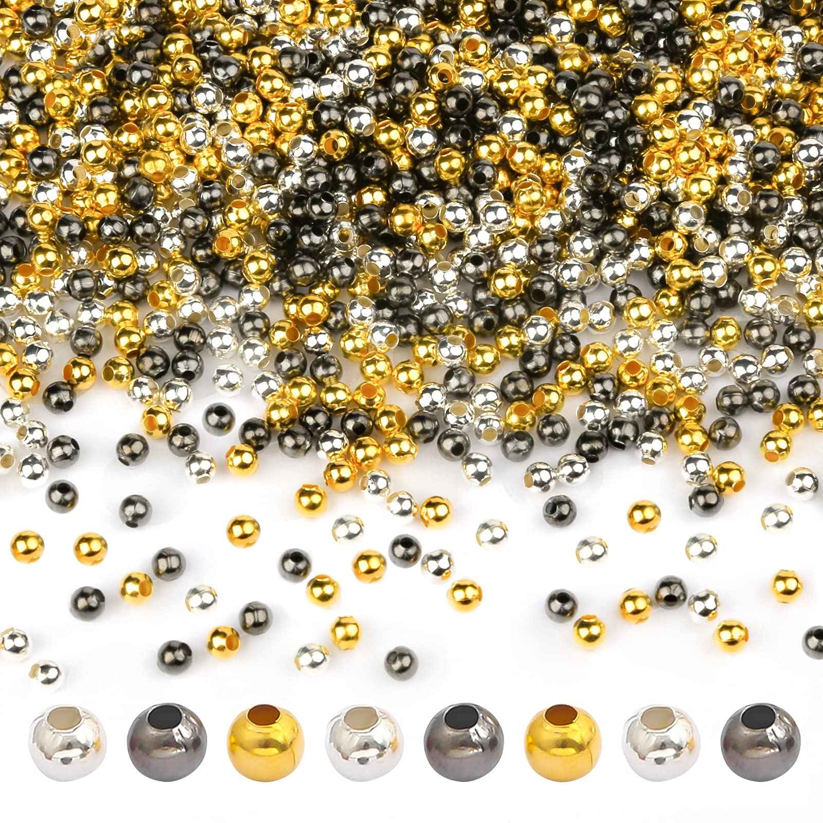 900 Pieces Metal Spacer Beads, 4 mm Metallic Plated Smooth Round Spacer Beads for DIY Jewellery Making (Gold, Silver, Black)