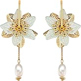 White Flower Dangle Earrings, Large Acrylic Floral Tropical Earrings, Blooming Drop Earrings with Pearls, Lightweight, Hypoallergenic, Spring and Summer Jewelry for Women