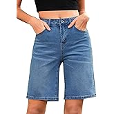LookbookStore Bermuda Shorts for Women High Waisted Classic Casual Long Jean Shorts Stretchy Denim Jorts with Pockets