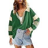 ReachMe Womens Oversized Striped Sweatshirts V Neck Loose Fit Tunic Colorblock Polo Shirts Patchwork Pullover Tops