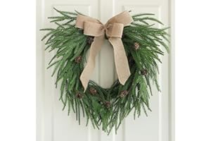 Hometrance Plain Christmas Norfolk Pine Wreaths for Front Door 20 Inches, Real Touch Heart Xmas Winter Wreath with Burlap Bow for DIY Window Outdoor Outside, Holiday Farmhouse Wreath for Indoor Decor