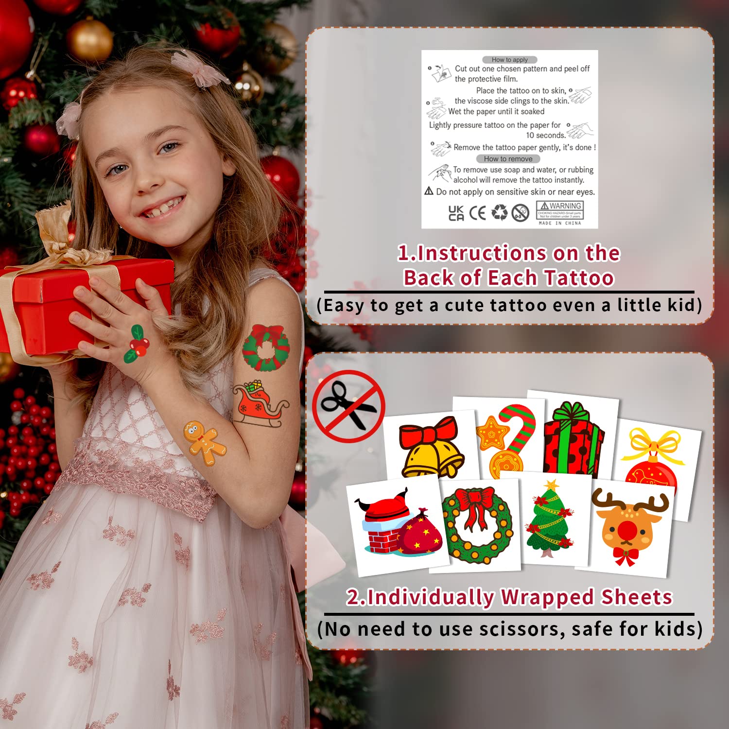 Partywind 408 PCS Individually Wrapped Christmas Temporary Tattoos for Kids Stocking Stuffers, Christmas Holiday Decorations Party Supplies Favors, Xmas Tattoo Stickers for Boys and Girls