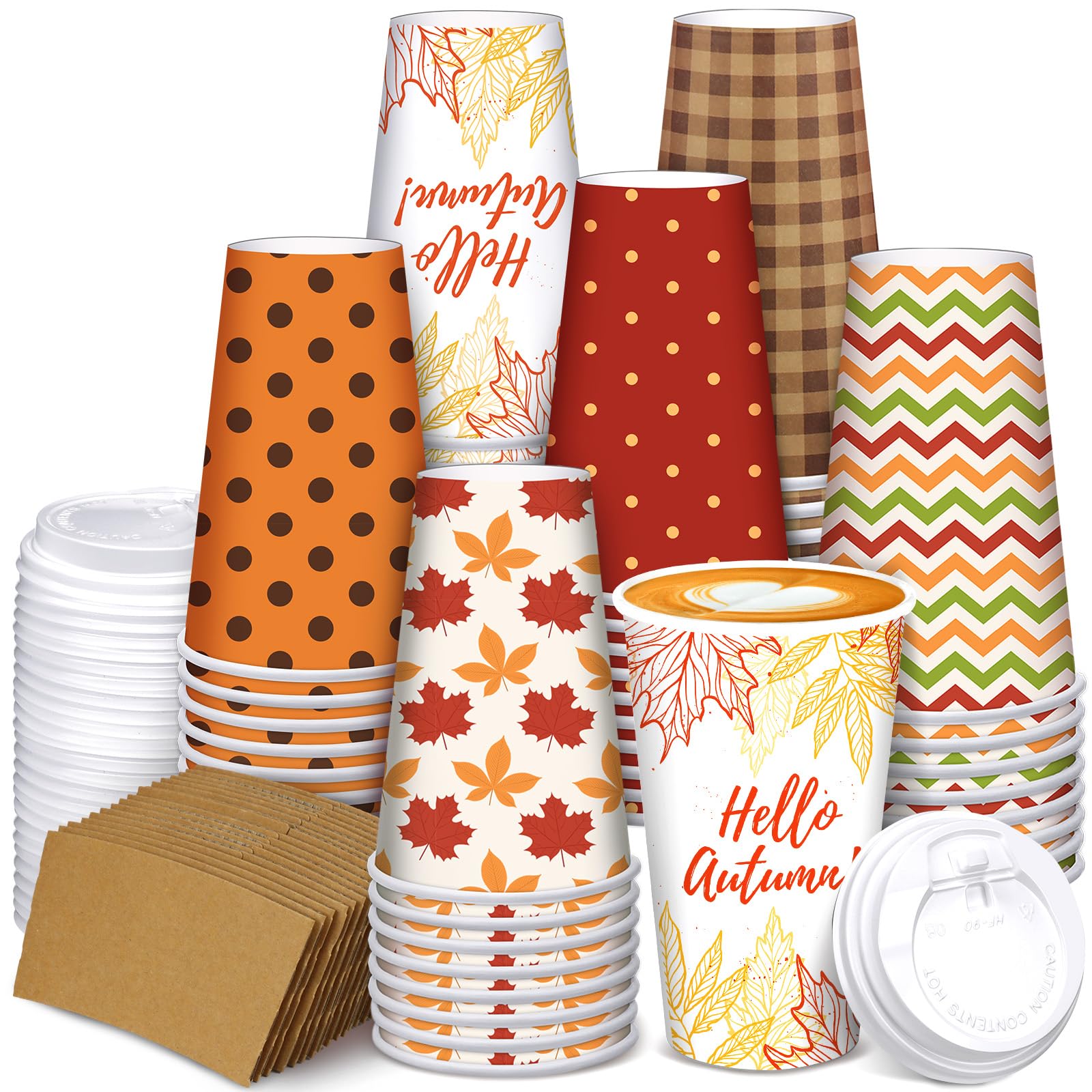 Photo 1 of Sosation 90 Pieces/30 Sets Hello Autumn Paper Coffee Cups 16 oz Disposable Fall Cups with Lids and Sleeves Maple Leaves Beverage Paper Cups for Hot Cold Drinks Autumn Thanksgiving Party