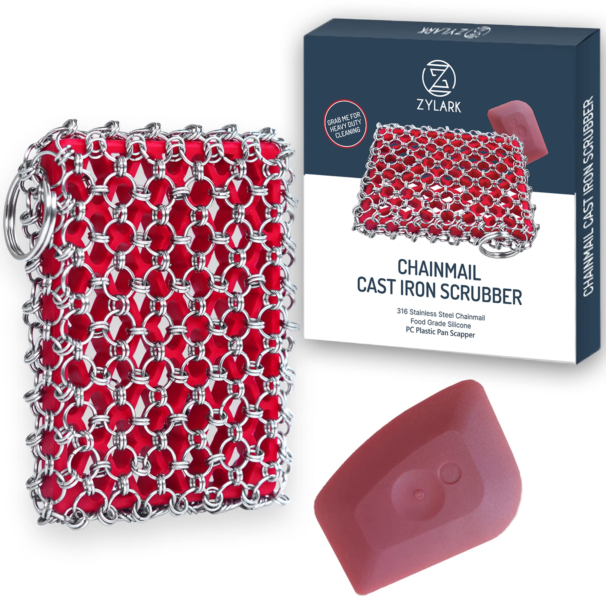 Photo 1 of Cast Iron Scrubber Kit + Pan Scraper - 316 Cast Iron Chainmail Scrubber - Skillet Cleaner Scrubber - Cast Pan Scrubber Cleaner - Chainmail Chain Scrubber - Silicone Sponge - Dishwaher Safe