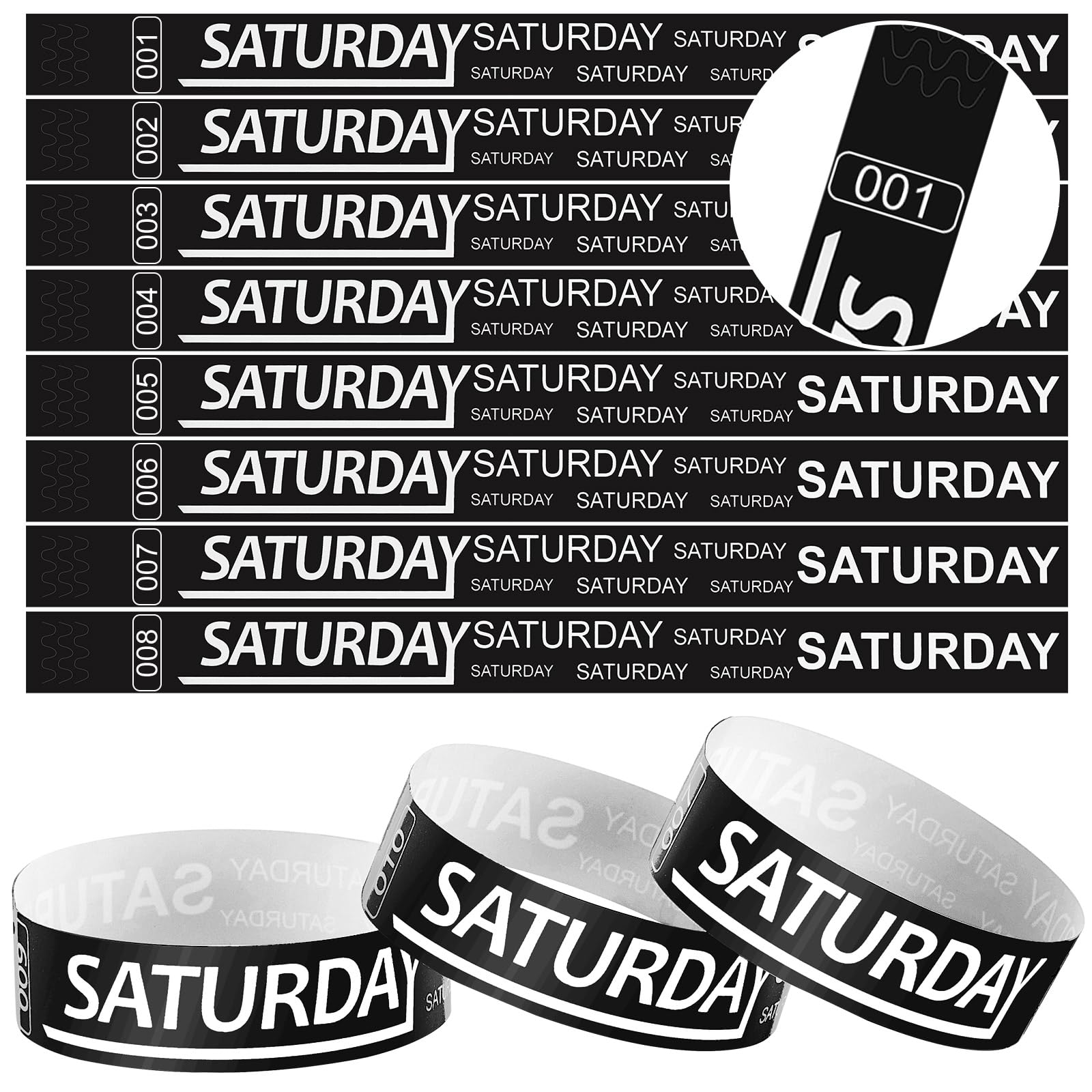 Photo 1 of Henoyso 600 Pcs Saturday Paper Wristbands Event Admission Paper Bracelets Numbered Waterproof Party Armbands for Events Day of The Week(Black)