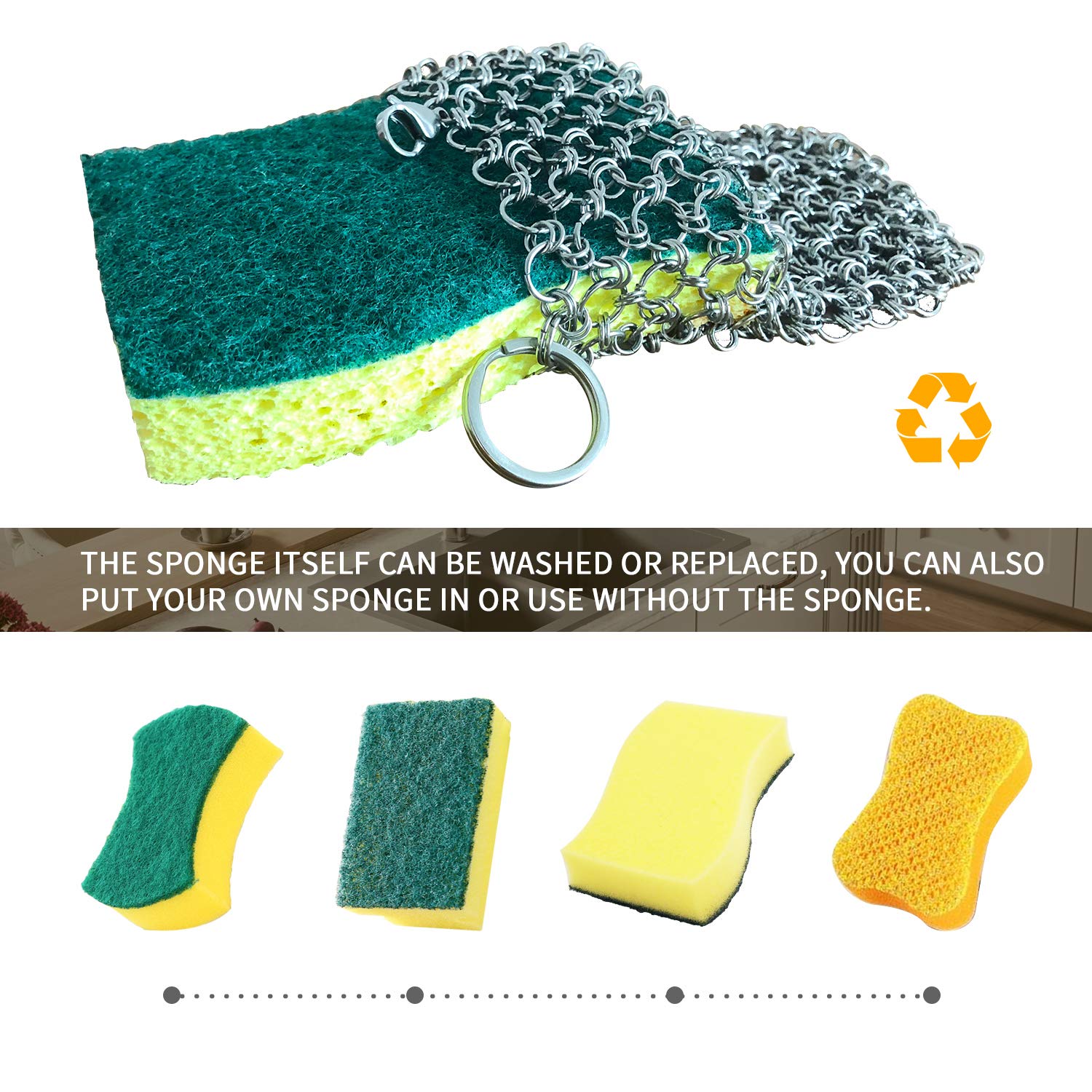 Tafond Cast Iron Skillet Cleaner with Wood Pulp Sponge Stainless Steel Chainmail Scrubber Cookware Pan Pot Dutch Oven Grill Scraper & Scrubber