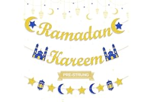 Gifloon Ramadan Kareem Banner with Moon Star Lantern, Pre-strung Ramadan Mubarak Hanging Decorations for Islamic Ramadan Eid Festival, Gold Giltter