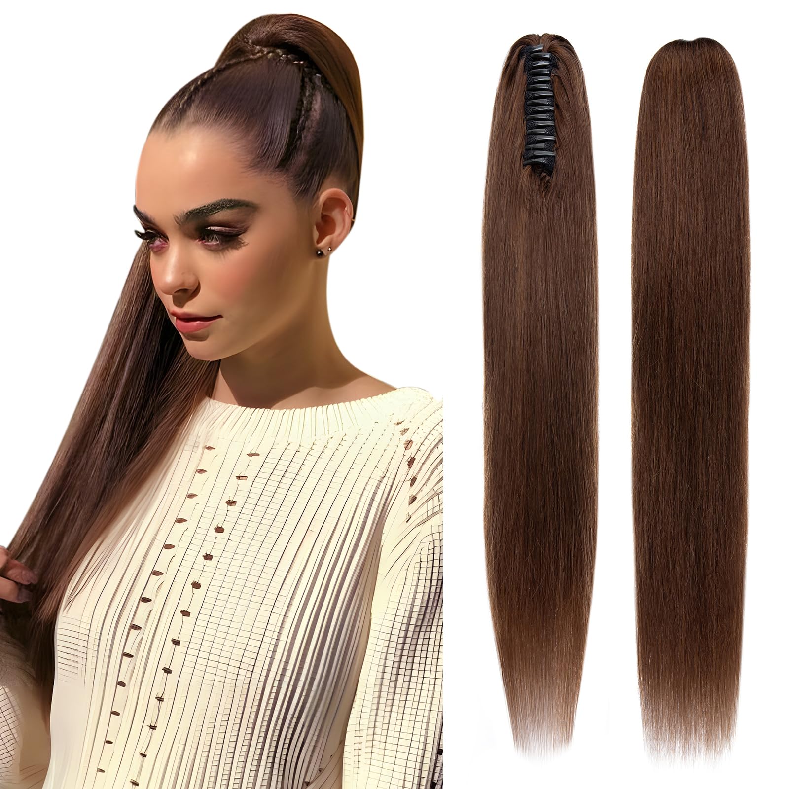 Elailite Human Hair Ponytail Extension Claw on Real Natural Hair HairPiece Straight (#4 Medium Brown, 18 Inch) — image 1