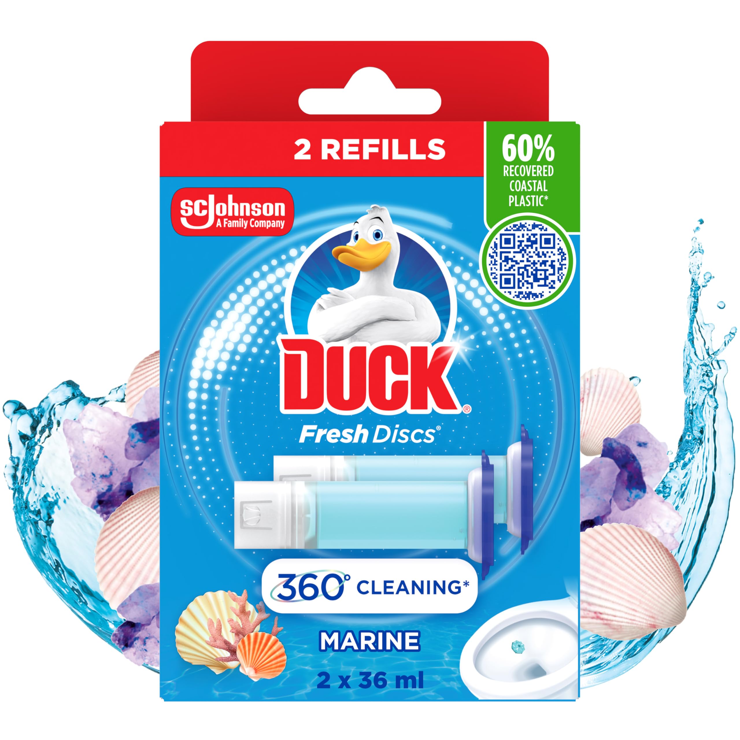 Duck Fresh Discs Toilet Cleaner Refill Twin Pack, Fights Stains That Harbour Germs, Prevents Limescale Build Up, Marine, Pack of 1 (Total of 2 Refill Tubes)