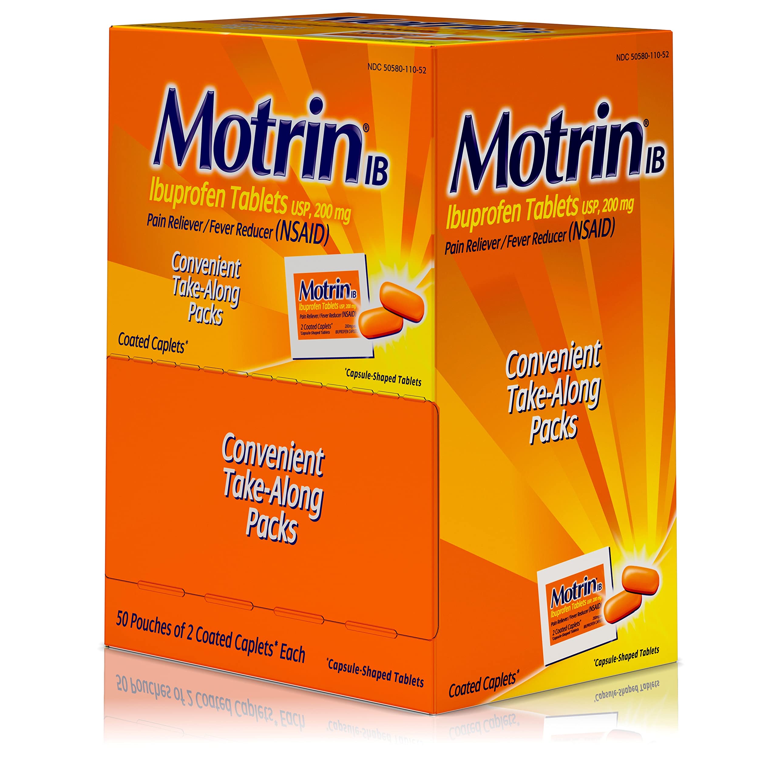 Motrin IB, Ibuprofen 200mg Tablets, NSAID Pain & Fever Reliever for Headache, Backache, Muscular Aches, Arthritis Pain Reliever, 50 Travel Packets of 2, 100 ct