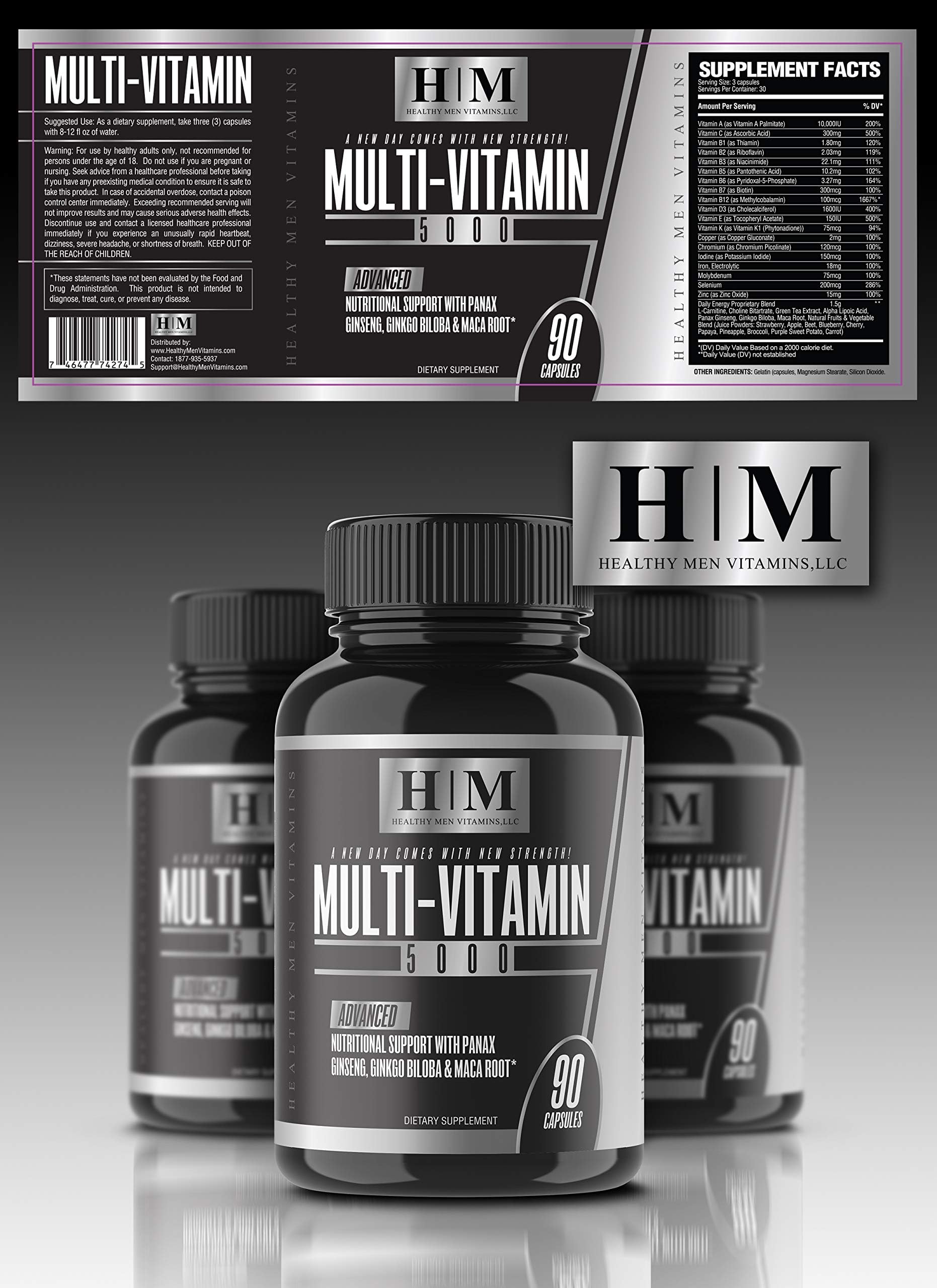 The Best Multivitamin Supplement for Men Multi-Vitamin 5000 Infused with Panax Ginseng Maca Root Green Tea Extract & Ginkgo Biloba for Daily Energy Vitality and Memory 90 Capsules Vitamin A - K