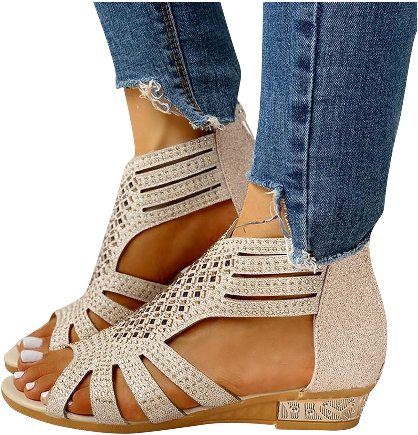 Amazon.com: XVSSAA Women's Low Heel Wedge Sandals Crystal Rhinestone Zipper Back Sandals Cutout 