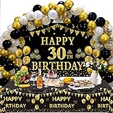 Trgowaul 30th Birthday Decorations Women Men - Black Gold Happy 30th Birthday Banner, 2 Pcs Birthday Tablecloth, 60 Pcs Latex Confetti Balloons, 30 Years Old Bday Party Supplies Gifts Ideas Him Her
