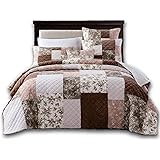 DaDa Bedding Vintage Dusty Rose Taupe Floral Cotton Patchwork Bedspread - Soothing Corduroy Muted Chocolate Brown Beige Tan - Soft Pastel Colors Cottage Garden Quilted Coverlet Set - Queen - 3-Pieces