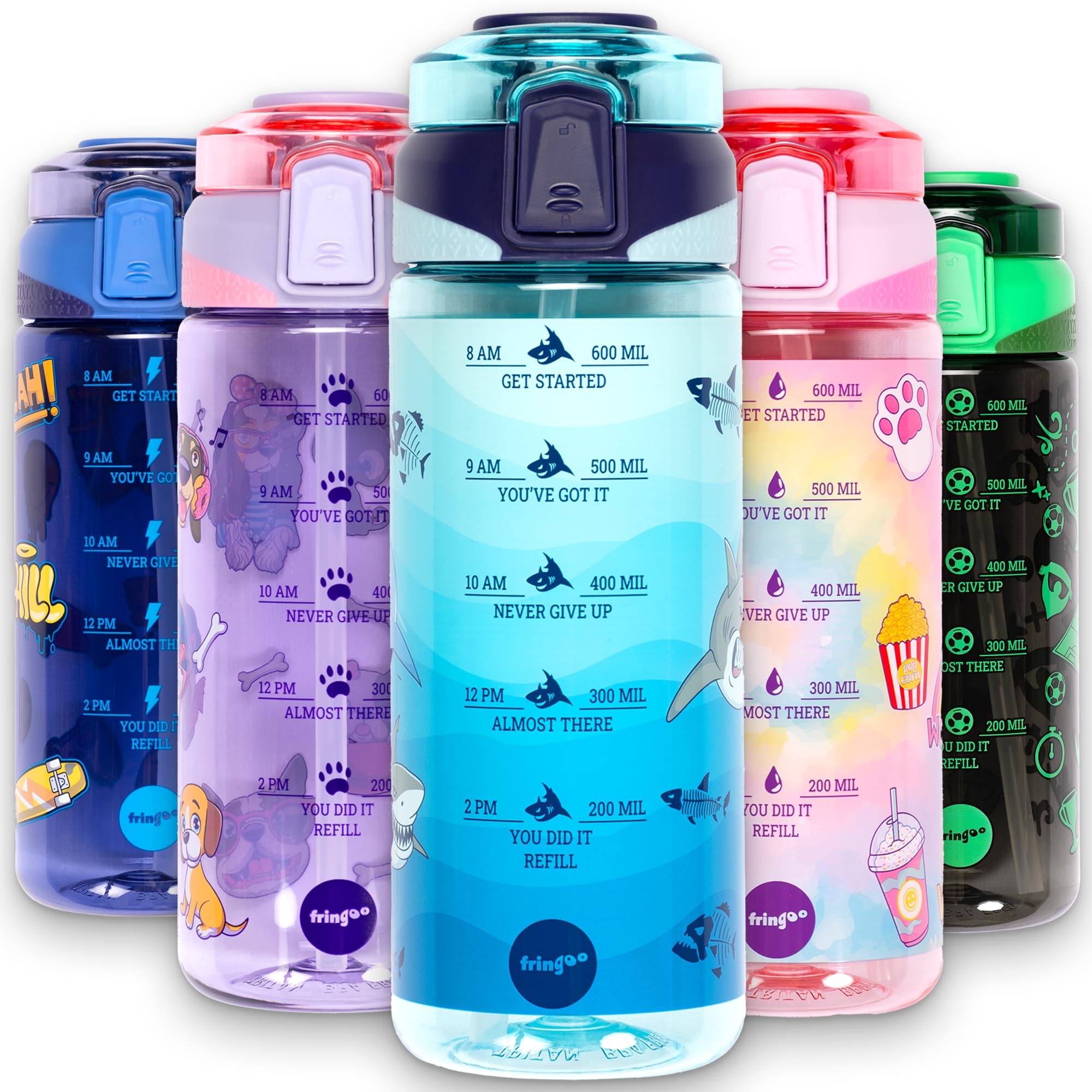 Fringoo - 650ml Kids Water Bottle - Carry Handle100% Leakproof & BPA Free Tritan Silicon Straw - Secure Flip Lock Lid, Blue Shark World Design