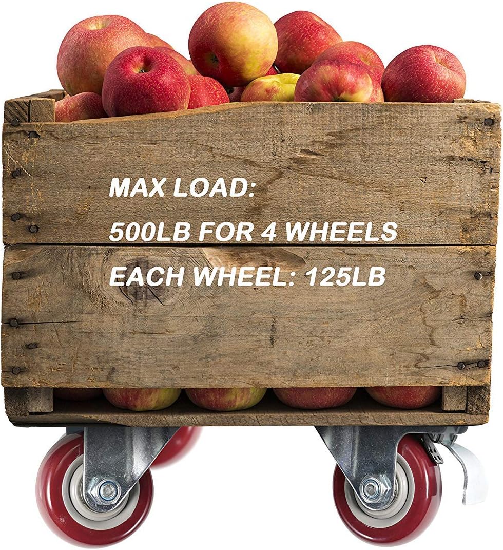 bayite 4 Pack 3" Heavy Duty Caster Wheels Polyurethane PU Swivel Casters with 360 Degree Top Plate 500lb Total Capacity for Set of 4 (2 with Brakes& 2 Without) Red: Home Improvement