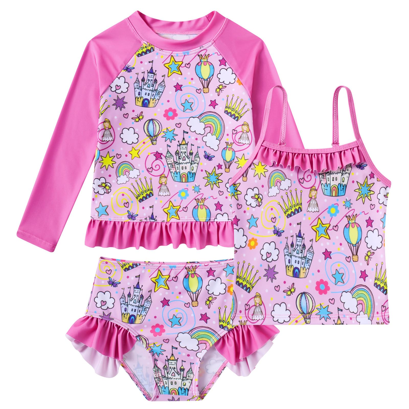 Photo 1 of BFUSTYLE Girls Swimsuit Long Sleeve Rash Guard Princess Castle Kids Bathing Suit 3-4 Years Swimwear 3 Piece Swimming Suit 3t 4t Bikini for Little Girls