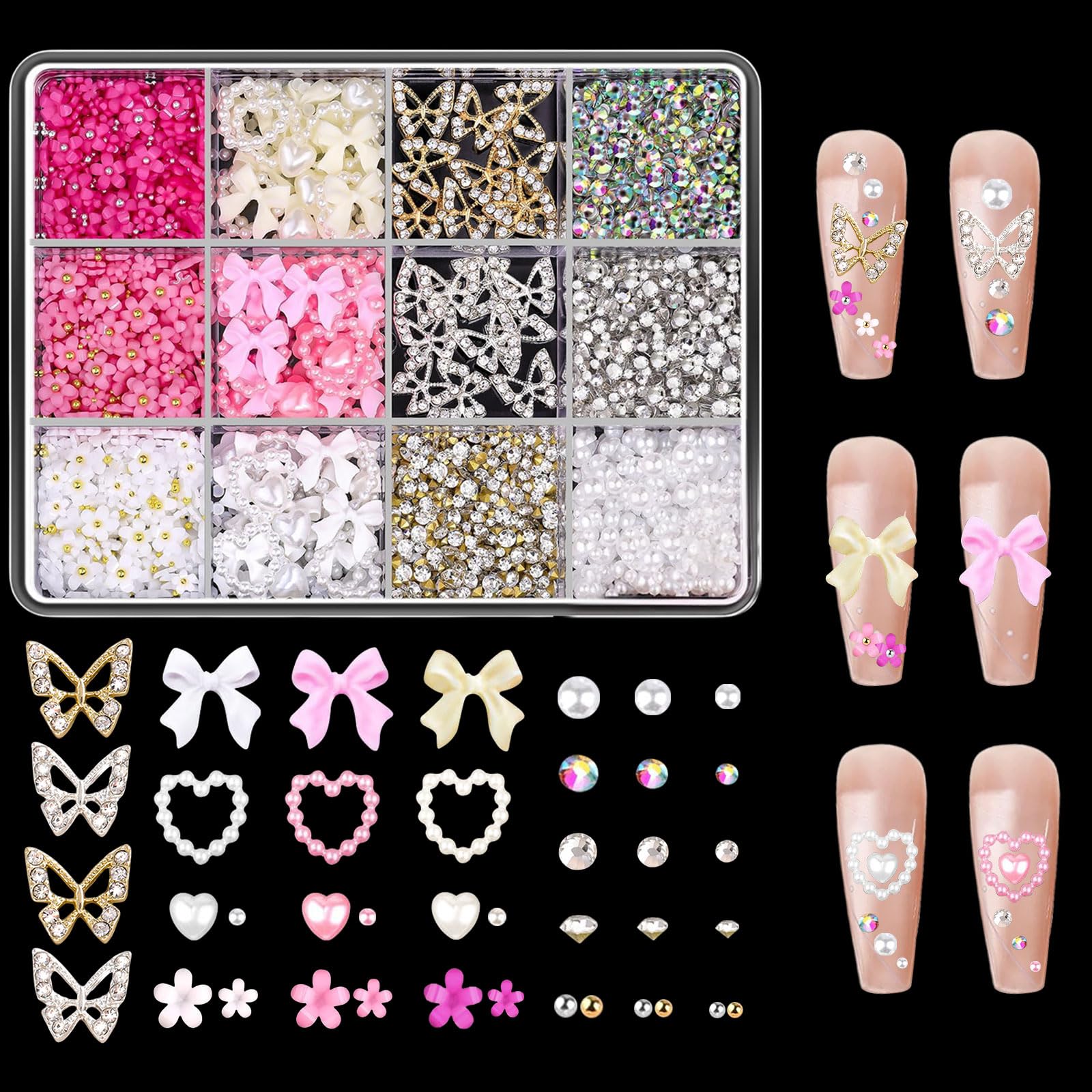 3D Bow Nail Charms, 12 Grids Cute Flower Butterfly Heart Nail Art Charms Nail Rhinestones Flat Back Nail Pearls Gold Silver Nail Caviar Beads Nail Art Decorations Accessories DIY Crafts — image 1