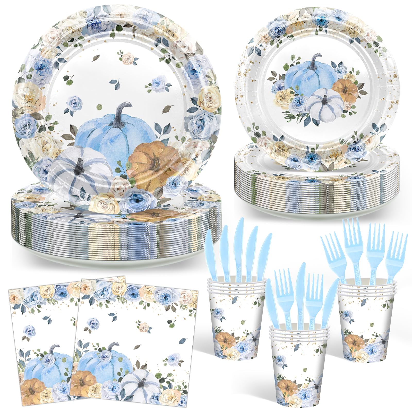Photo 1 of ***missing parts*** 144 pcs Fall Pumpkin Plates and Napkins Disposable Tableware Blue Floral Pumpkin Baby Shower Decorations Fall Gender Reveal Birthday Bridal Shower Party Supplies, Serves 24