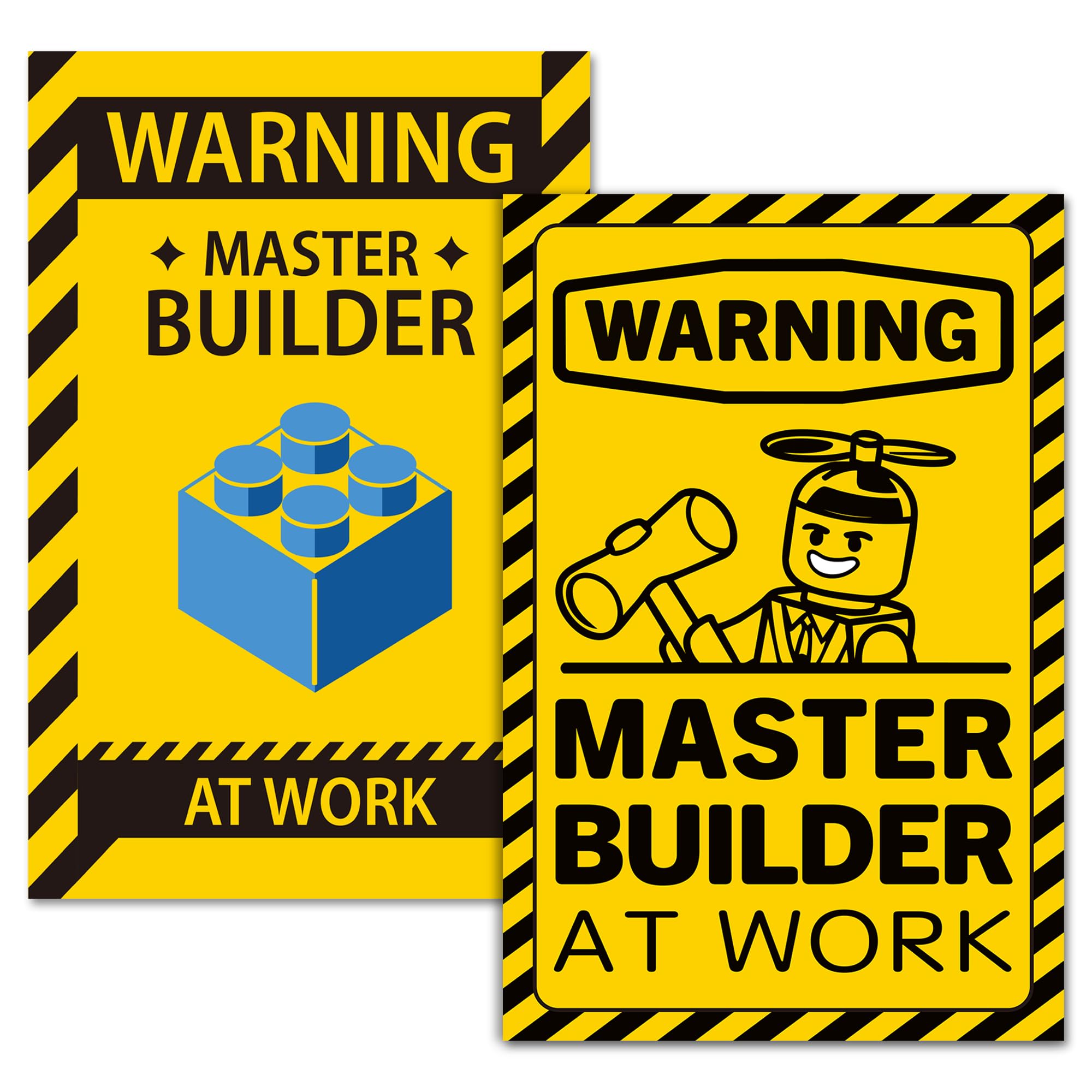 Photo 1 of 2 Pcs Wall Art Poster Caution Master Builder at Work, Vinyl Building Block Caution for Boys Room Décor, Fun Design Poster for Kids, Playful Room Decorations Stickers Included