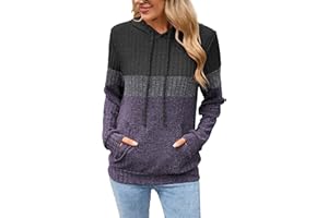 Famulily Sweaters for Women Lightweight Color Panel Pullover Hoodies Drawstring Casual Long Sleeve Sweatshirt with Pocket