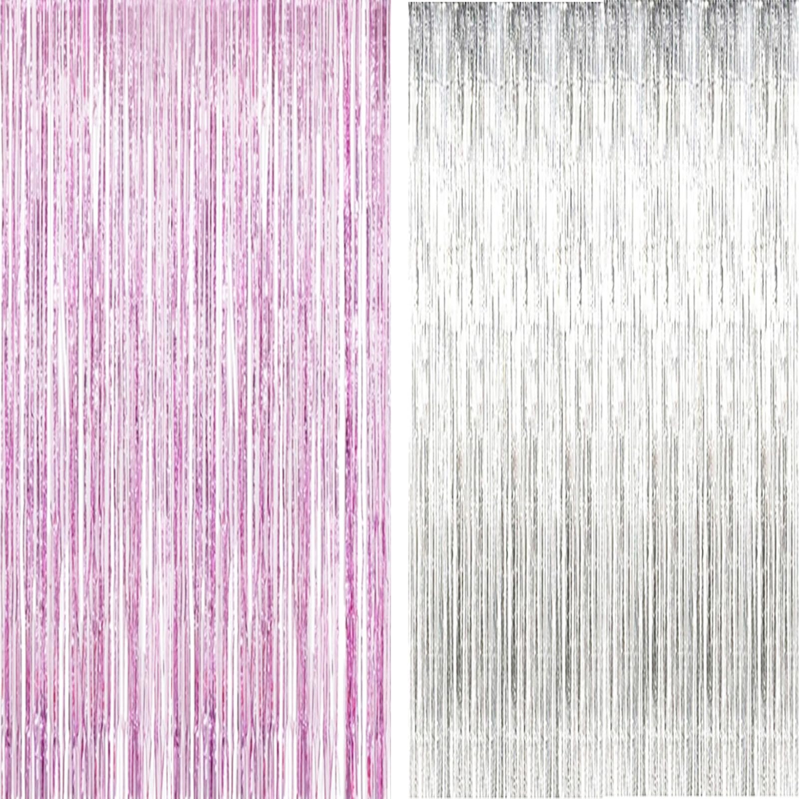 AILEXI 2 Pack 3ft*8ft Party Supplies Foil Fringe Shimmer Curtains, Door Window Decorations Streamers or Wall Backdrop Tinsels - Pink Silver