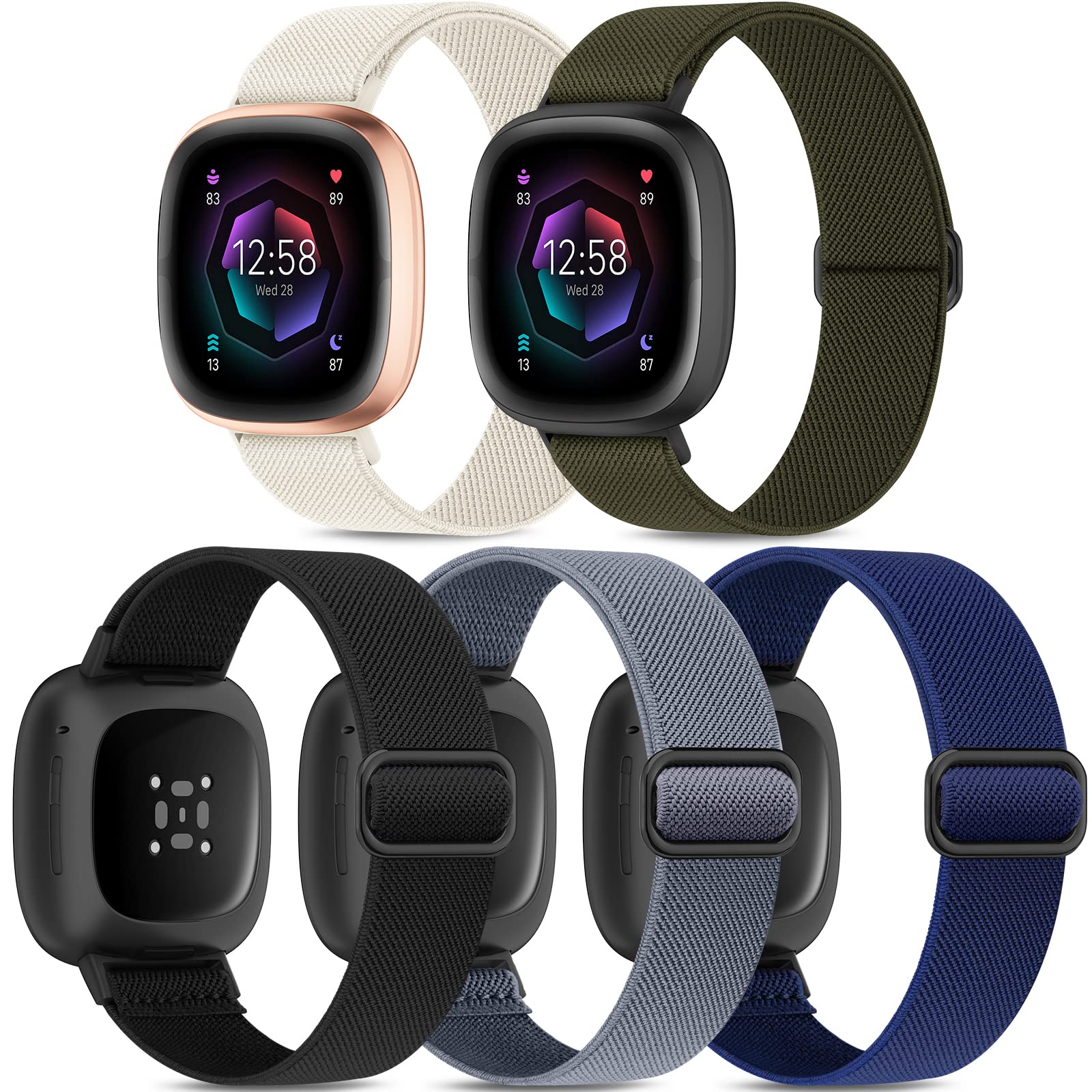 Higgs 5 Pack Straps Compatible with Fitbit Versa 4 Strap/Fitbit Versa 3 Strap/Fitbit Sense/Sense 2 Bands for Women Men, Soft Elastic Nylon Sport Replacement Band for Versa 4/3/Sense,Color 1