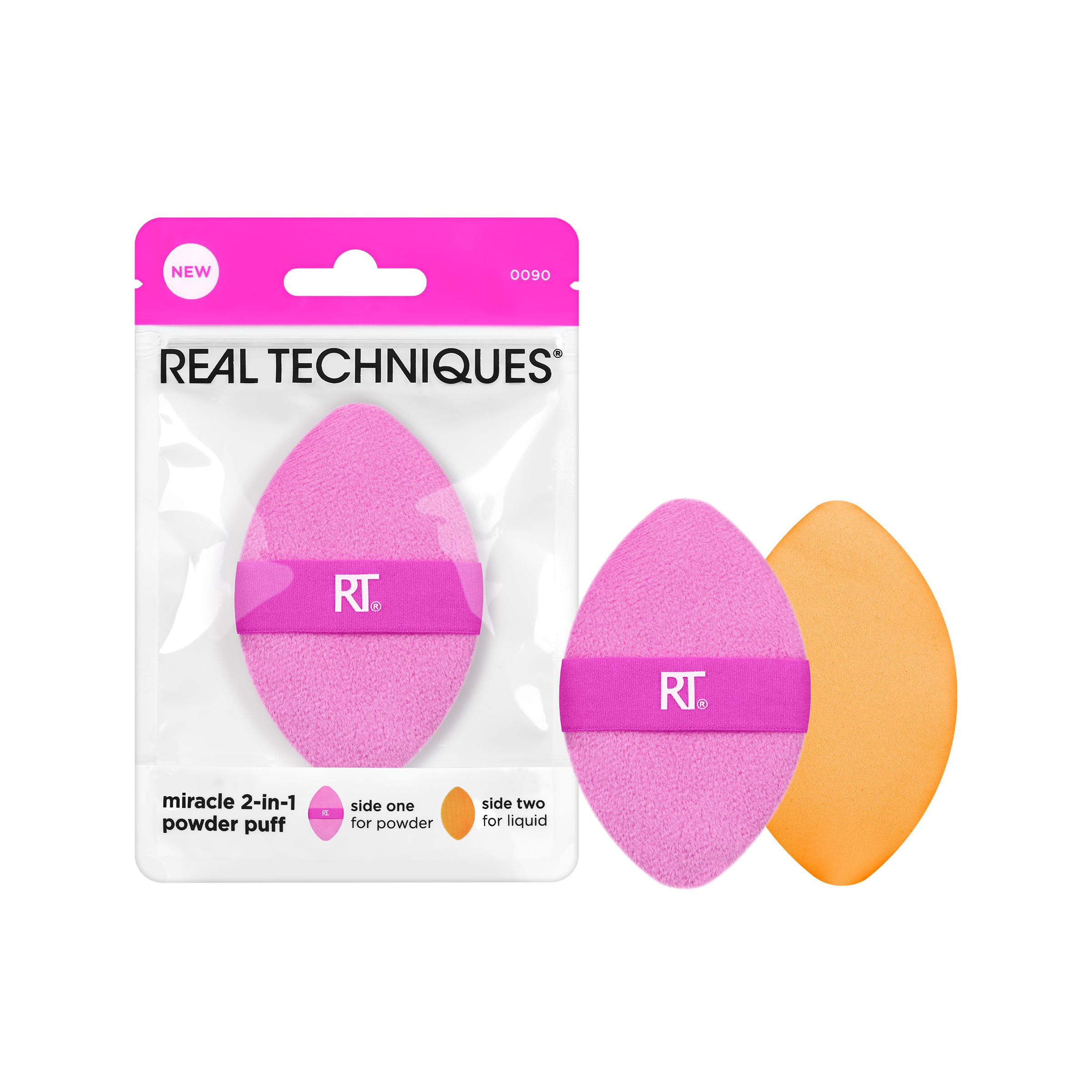 Real Techniques Miracle 2-In-1 Powder Puff, Dual-Sided, Full-Size Makeup Blending Puff, Reversible Elastic Band, Precision Tip Makeup Sponge and Powder Puff, For Liquid, Cream and Powder, 1 Count
