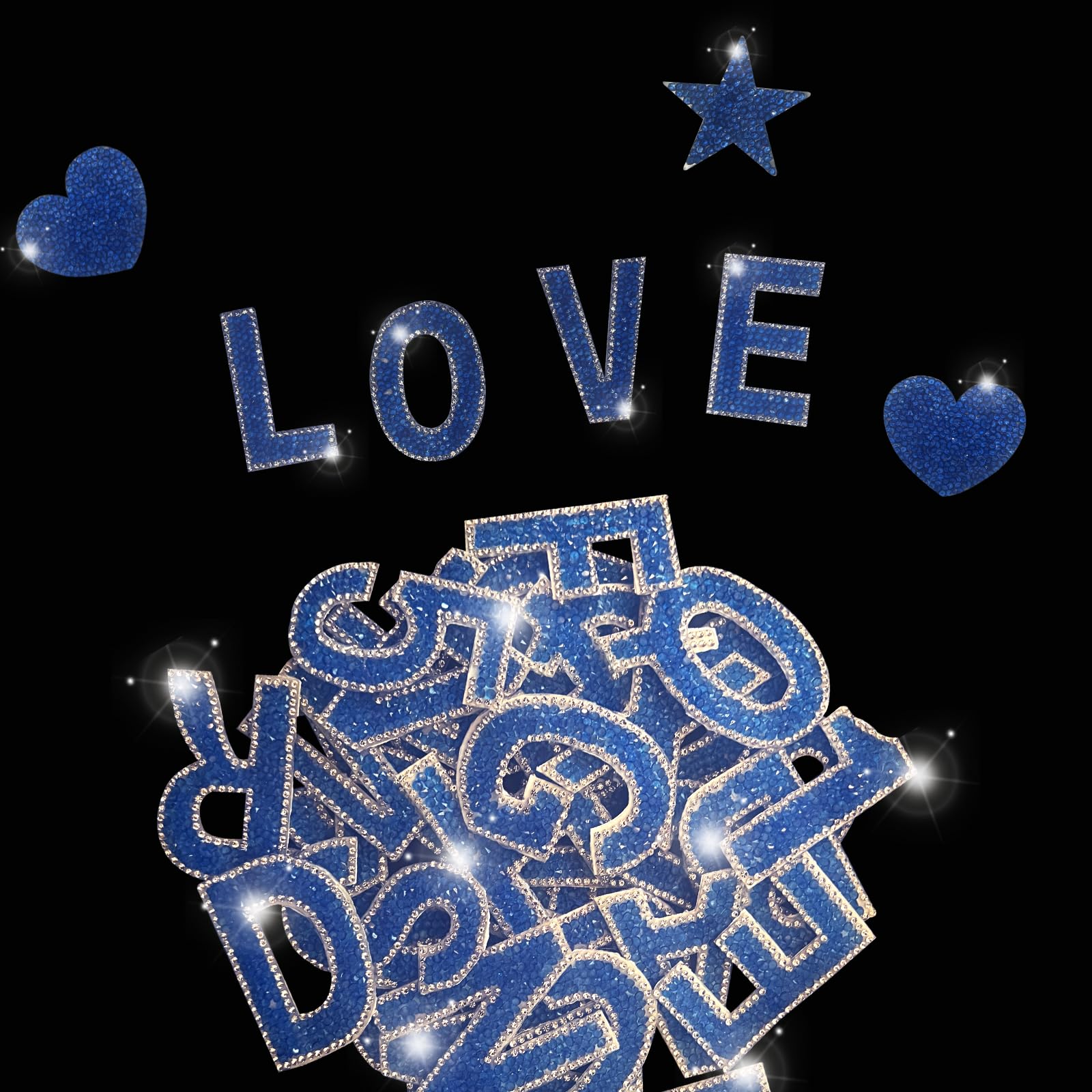 Photo 1 of 47-Piece Rhinestone Letter & Number Stickers - Large, Self-Adhesive, Glitter, Heart Shapes for Clothing, Jeans, Caps, Shoes, Bags & DIY Decorations (Cobalt Blue)